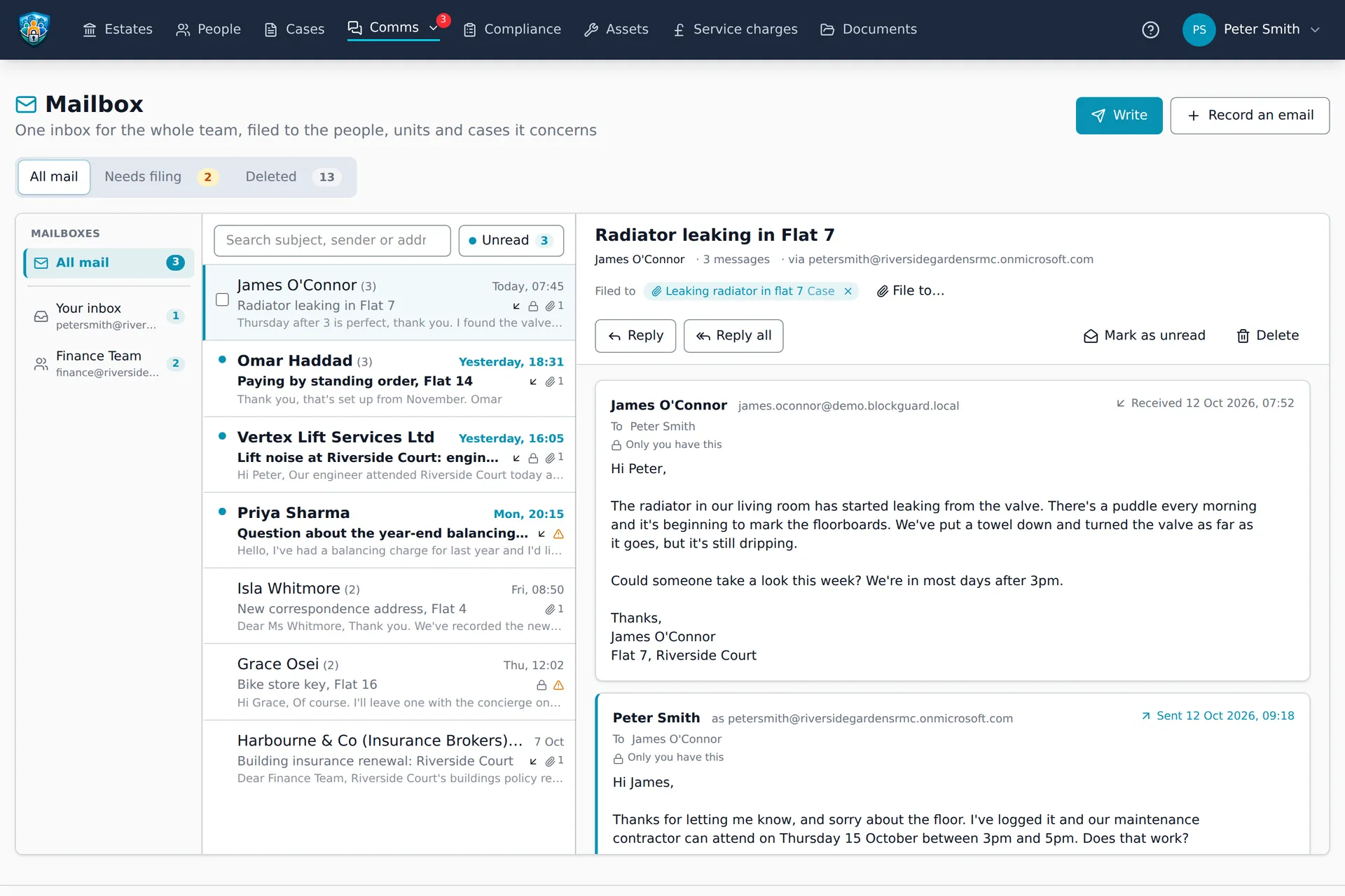 Block Guardian's Mailbox: the email about the radiator leak open beside the inbox, already filed to its case