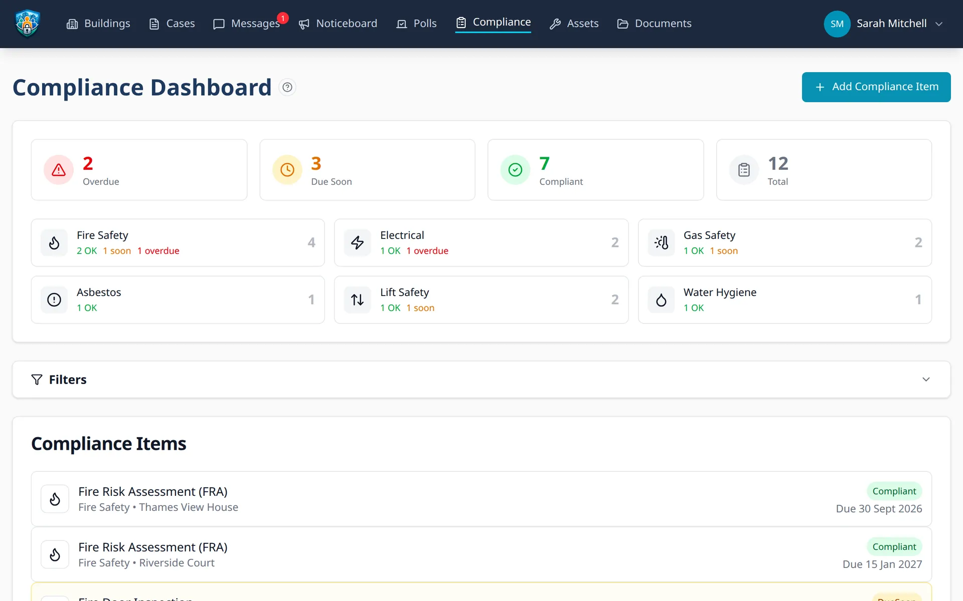 Block Guardian compliance dashboard showing status across fire safety, electrical, gas, asbestos, lift safety, and water hygiene categories